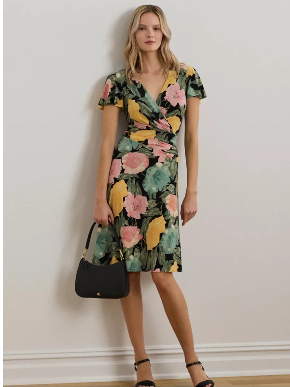 Ralph Lauren Black Floral Wrap Midi Dress, Size 8